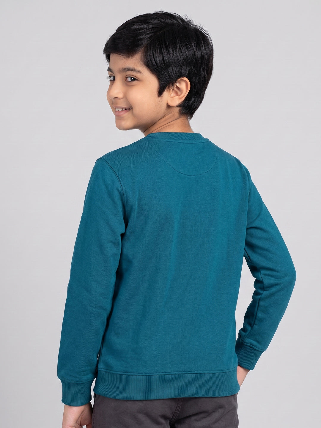 Boys Teal Blue Printed Round Neck Full Sleeve Sweatshirt