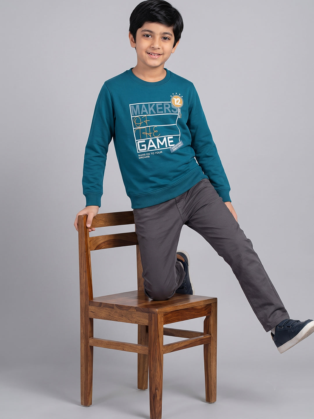 Boys Teal Blue Printed Round Neck Full Sleeve Sweatshirt