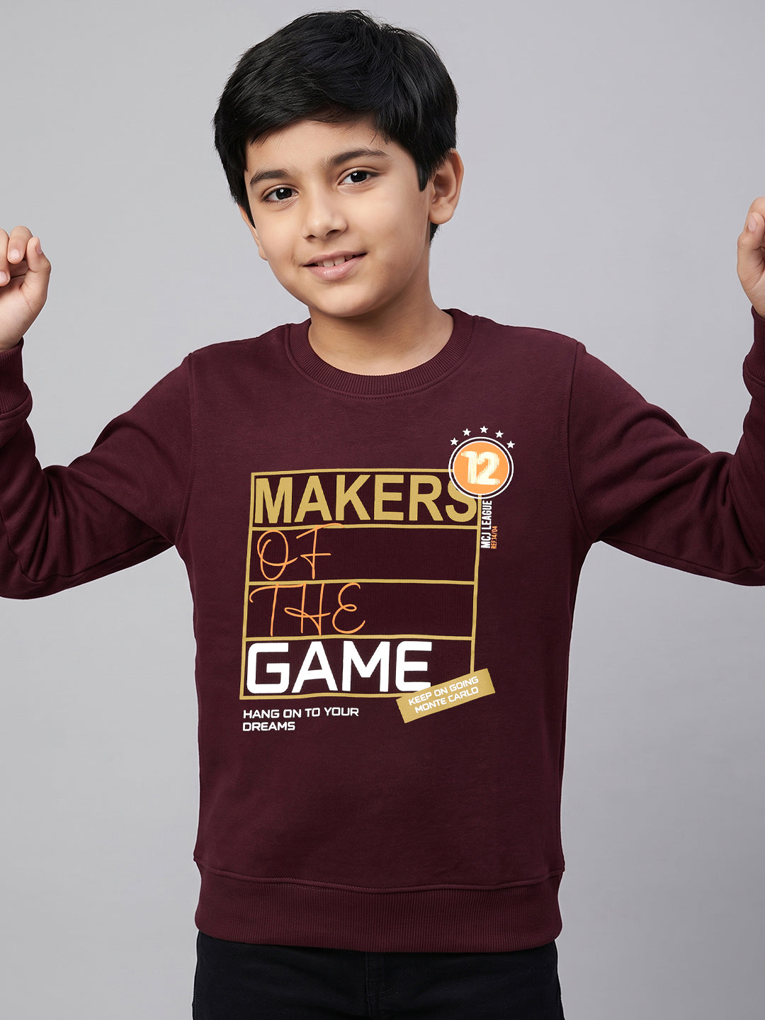 Boys Burgundy Printed Round Neck Full Sleeve Sweatshirt