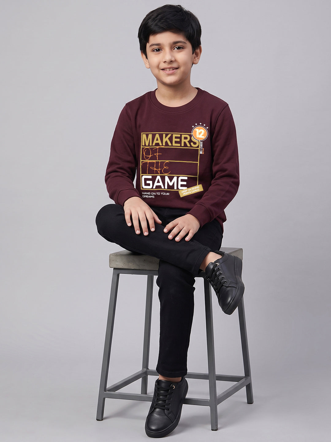 Boys Burgundy Printed Round Neck Full Sleeve Sweatshirt