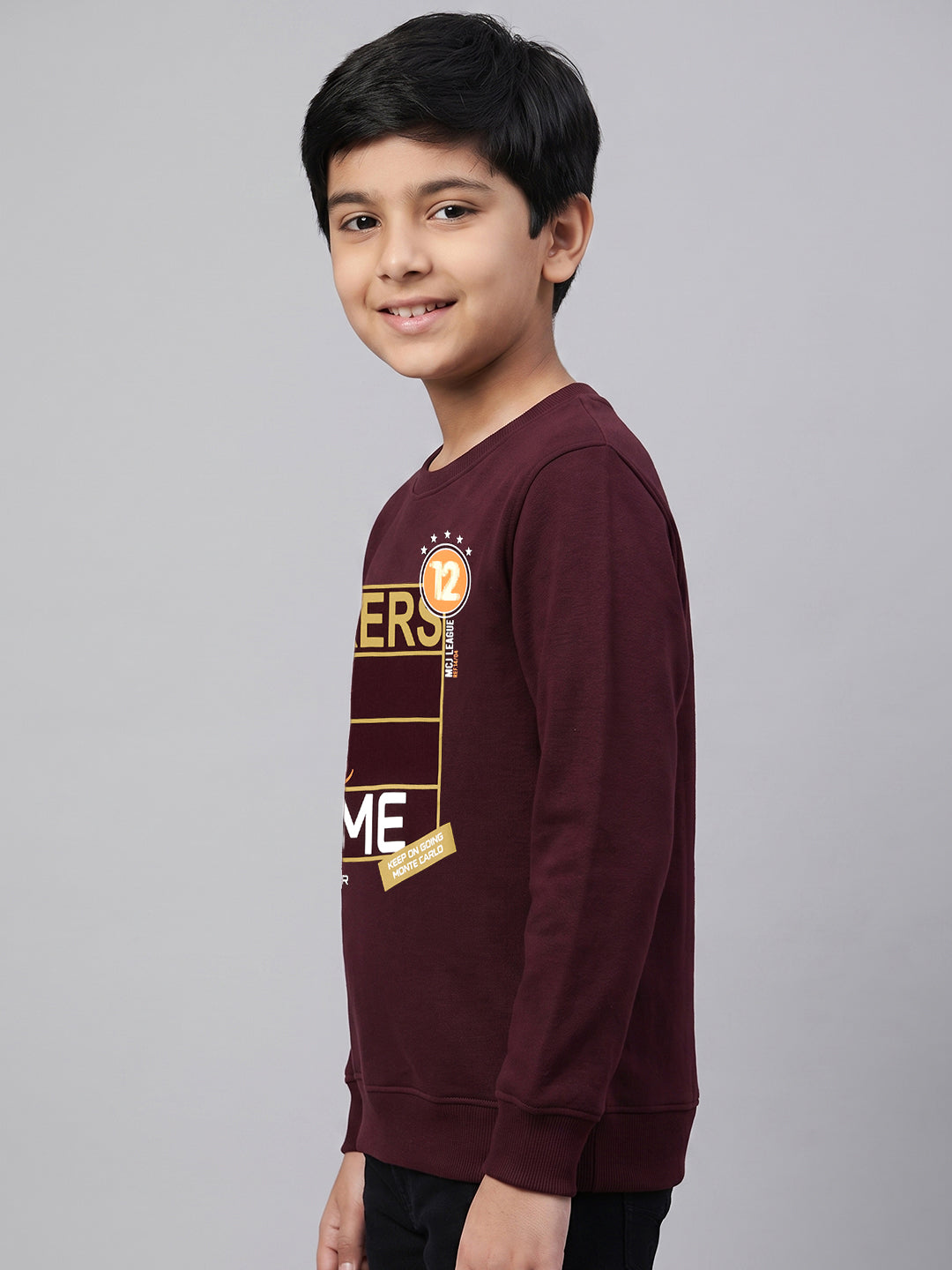 Boys Burgundy Printed Round Neck Full Sleeve Sweatshirt