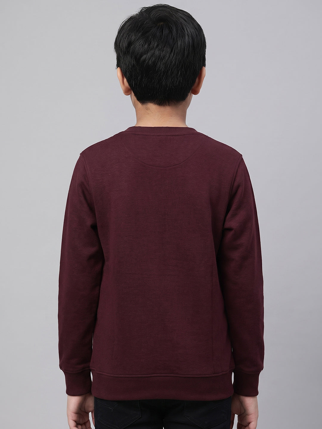 Boys Burgundy Printed Round Neck Full Sleeve Sweatshirt