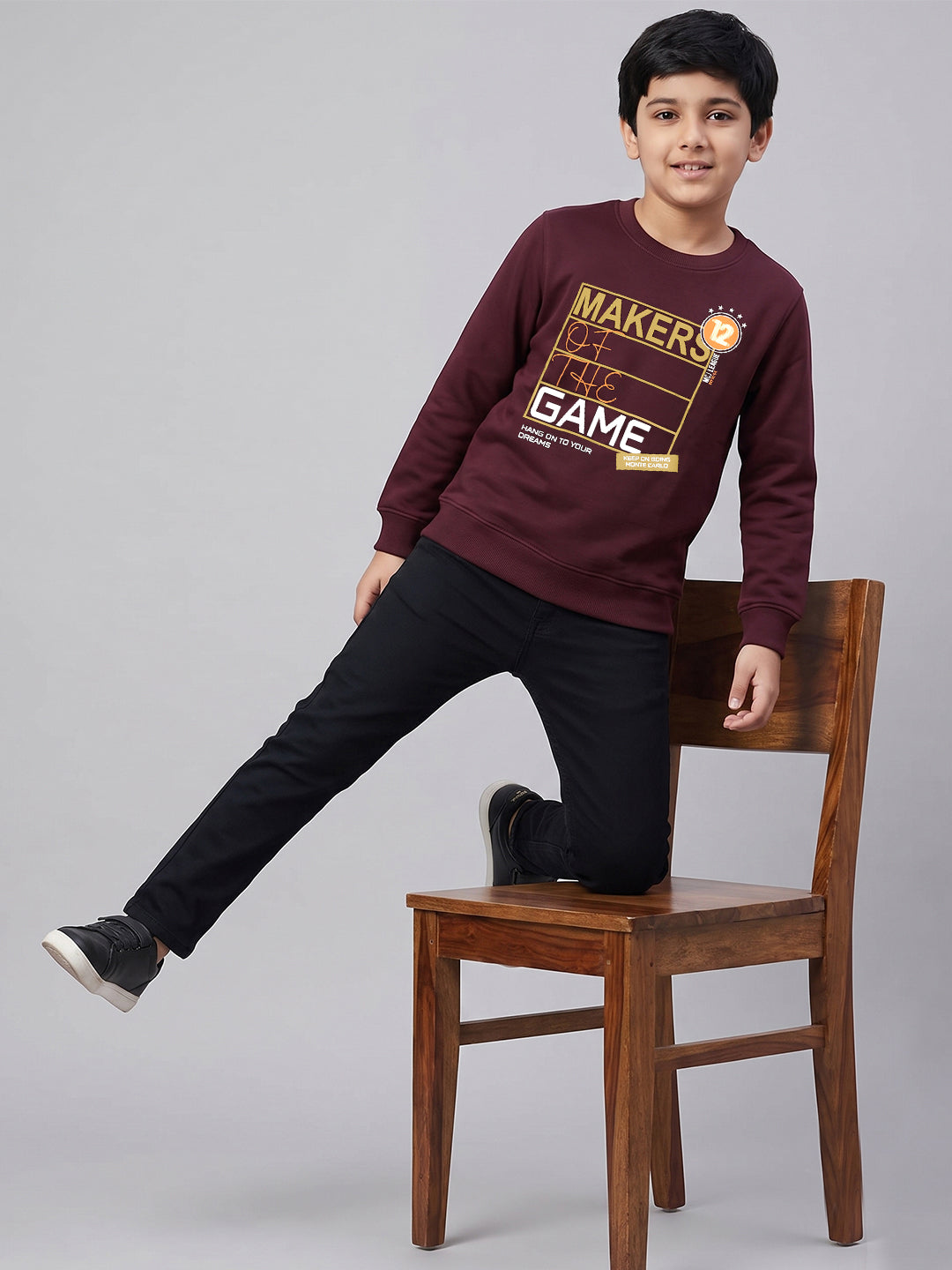 Boys Burgundy Printed Round Neck Full Sleeve Sweatshirt