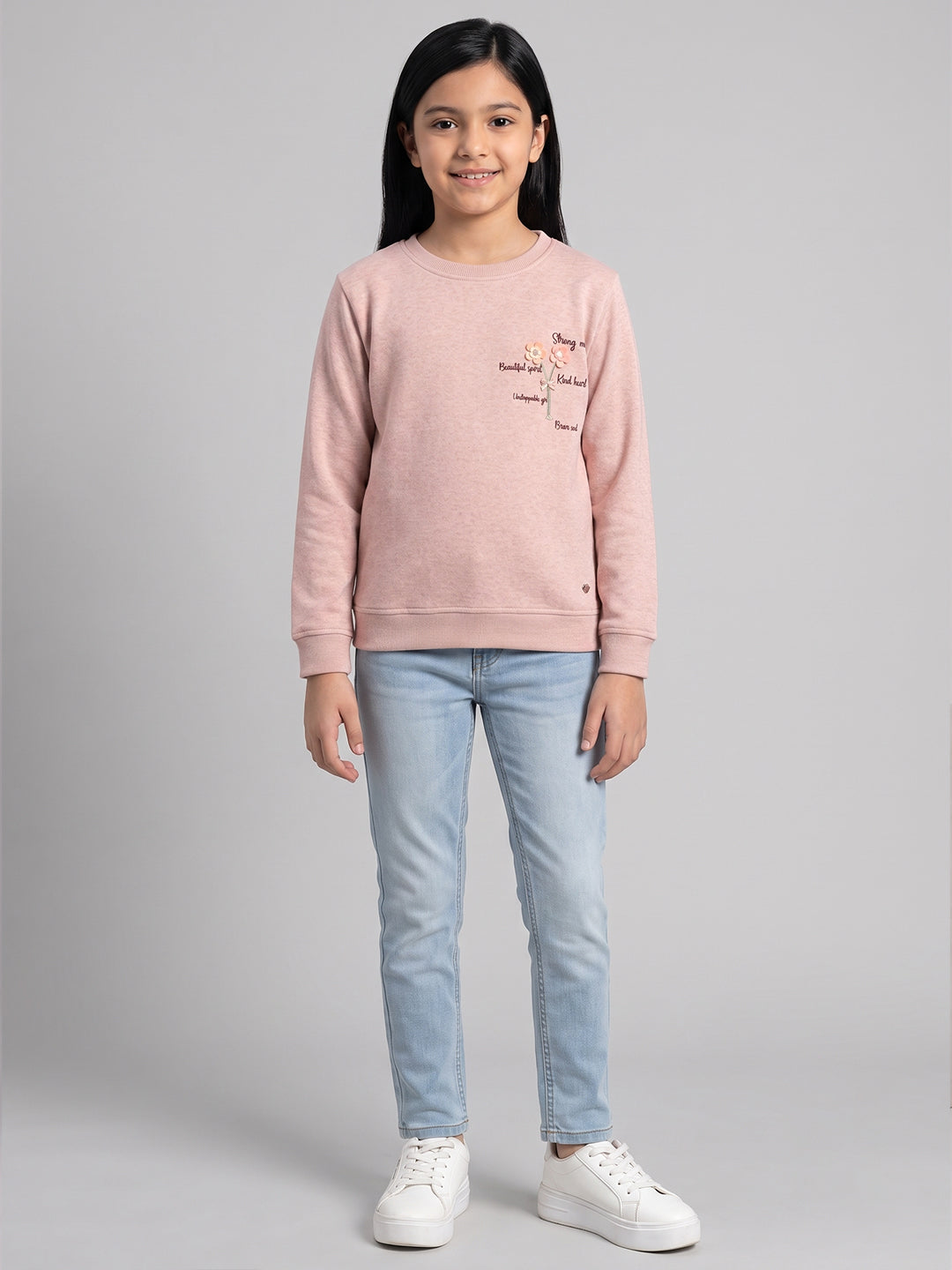 Girls Pink Self Design Round Neck Full Sleeve Sweatshirt