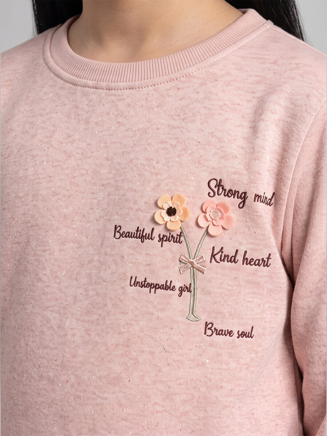 Girls Pink Self Design Round Neck Full Sleeve Sweatshirt