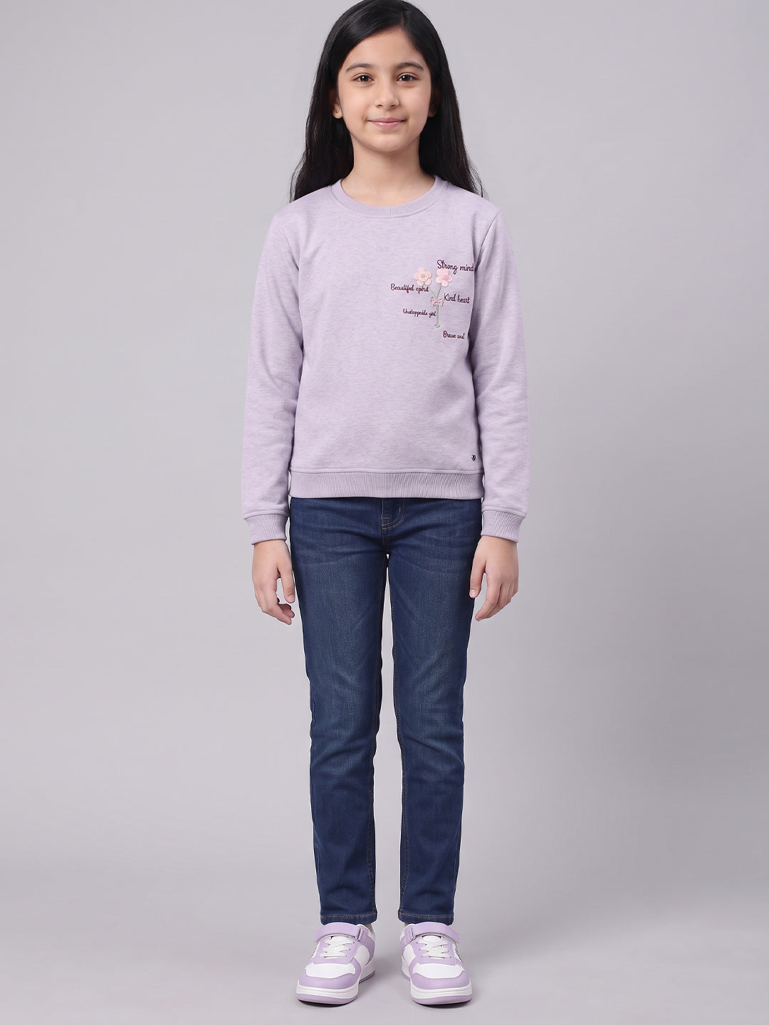 Girls Purple Self Design Round Neck Full Sleeve Sweatshirt