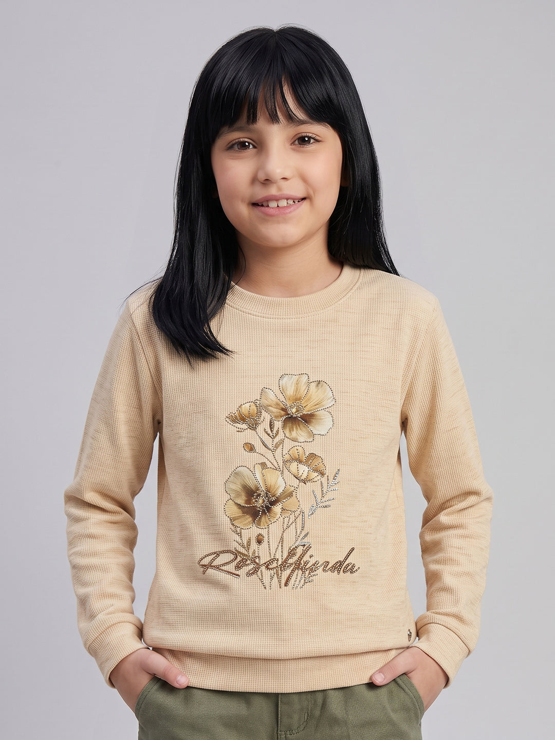 Girls Beige Printed Round Neck Full Sleeve Sweatshirt