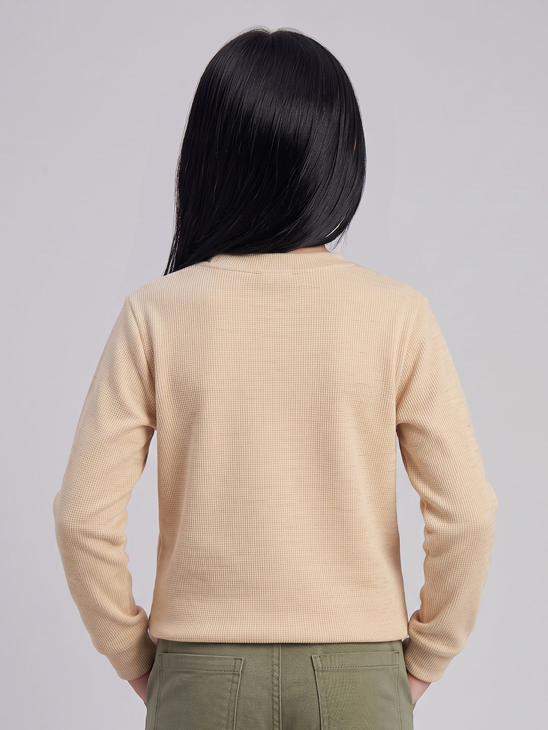 Girls Beige Printed Round Neck Full Sleeve Sweatshirt