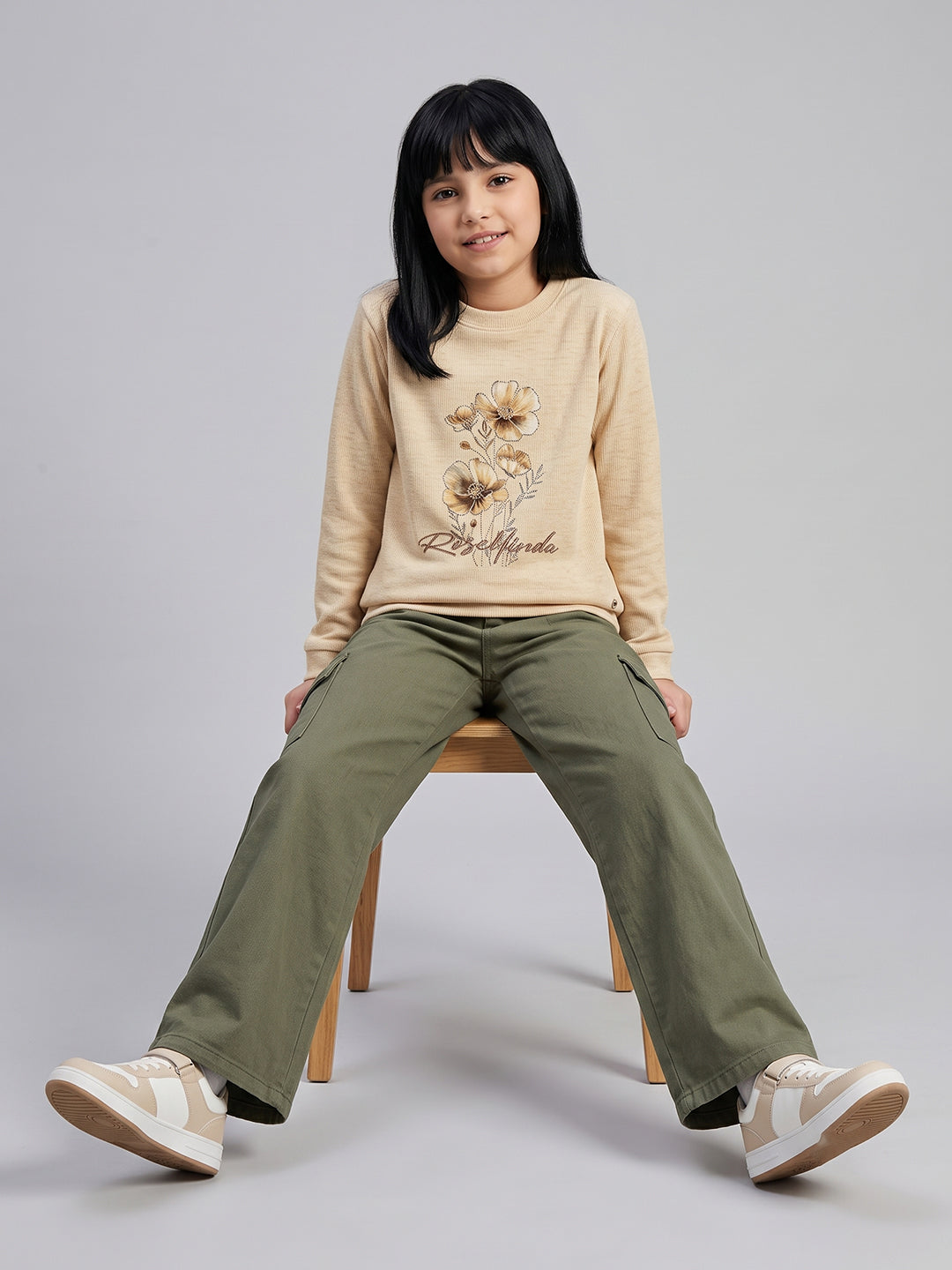 Girls Beige Printed Round Neck Full Sleeve Sweatshirt