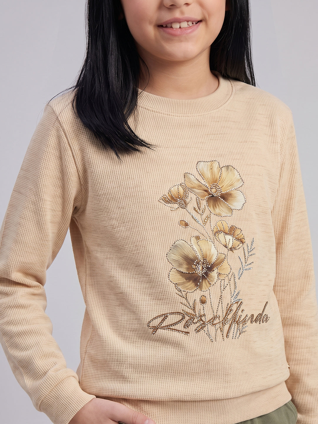 Girls Beige Printed Round Neck Full Sleeve Sweatshirt