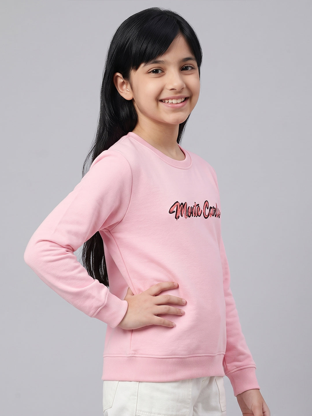 Girls Pink Printed Round Neck Full Sleeve Sweatshirt