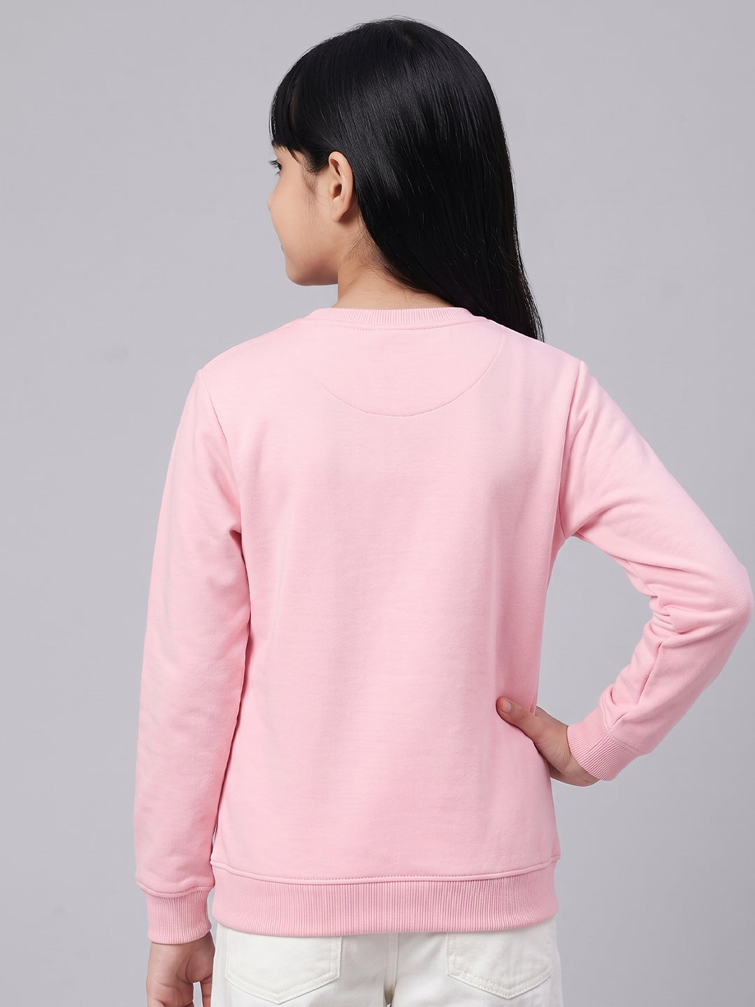 Girls Pink Printed Round Neck Full Sleeve Sweatshirt