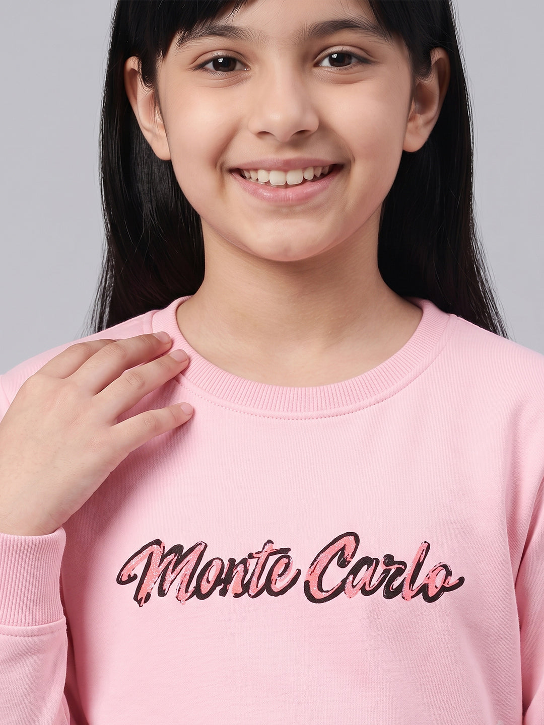 Girls Pink Printed Round Neck Full Sleeve Sweatshirt