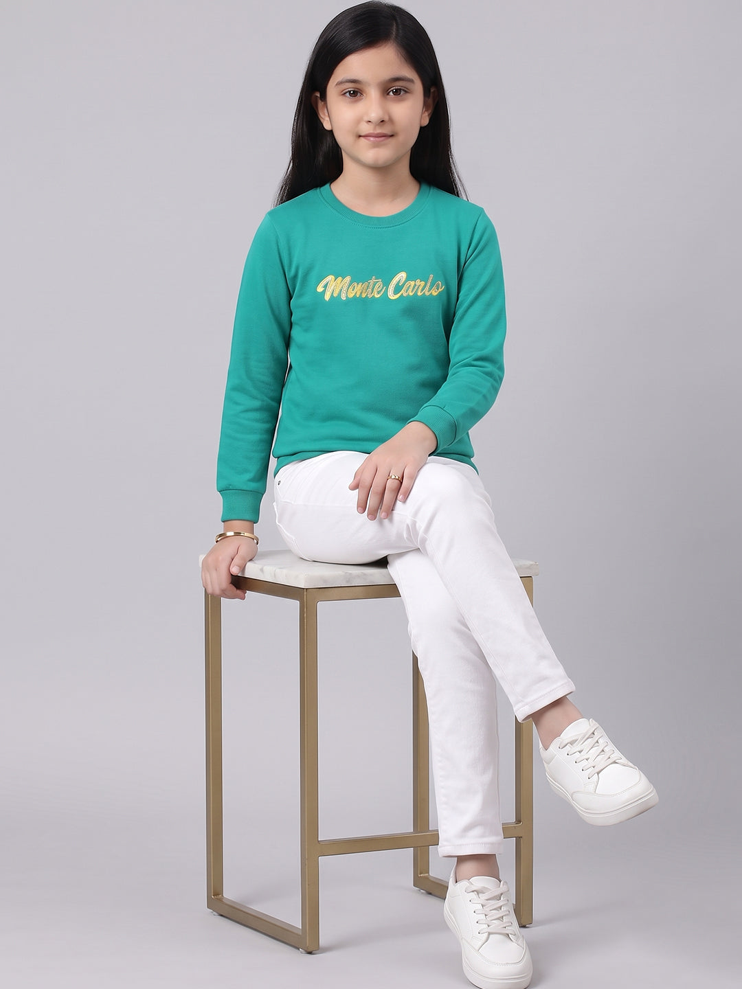 Girls Sea Green Printed Round Neck Full Sleeve Sweatshirt