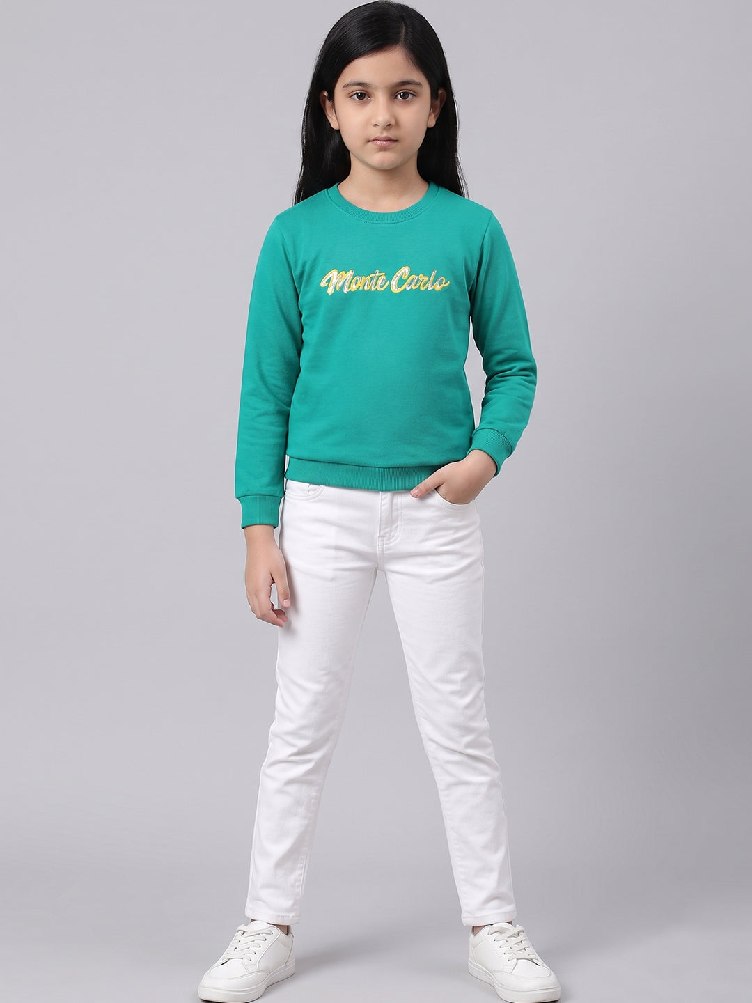 Girls Sea Green Printed Round Neck Full Sleeve Sweatshirt