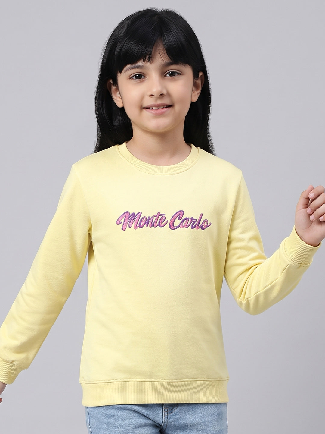 Girls Yellow Printed Round Neck Full Sleeve Sweatshirt