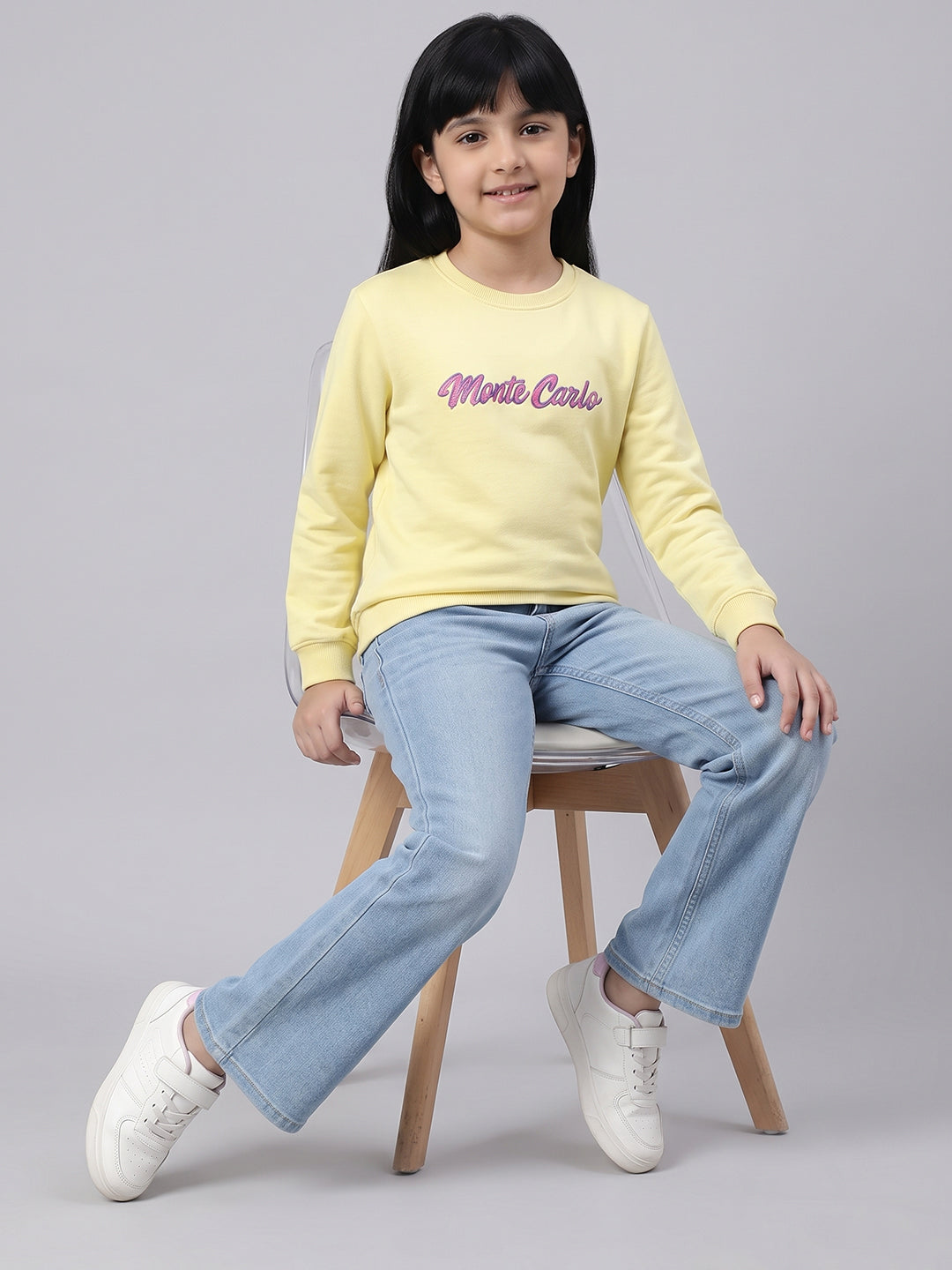 Girls Yellow Printed Round Neck Full Sleeve Sweatshirt