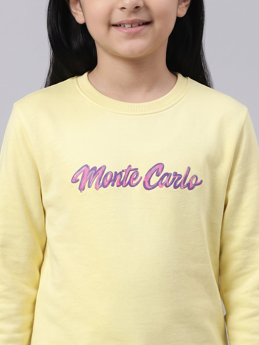 Girls Yellow Printed Round Neck Full Sleeve Sweatshirt