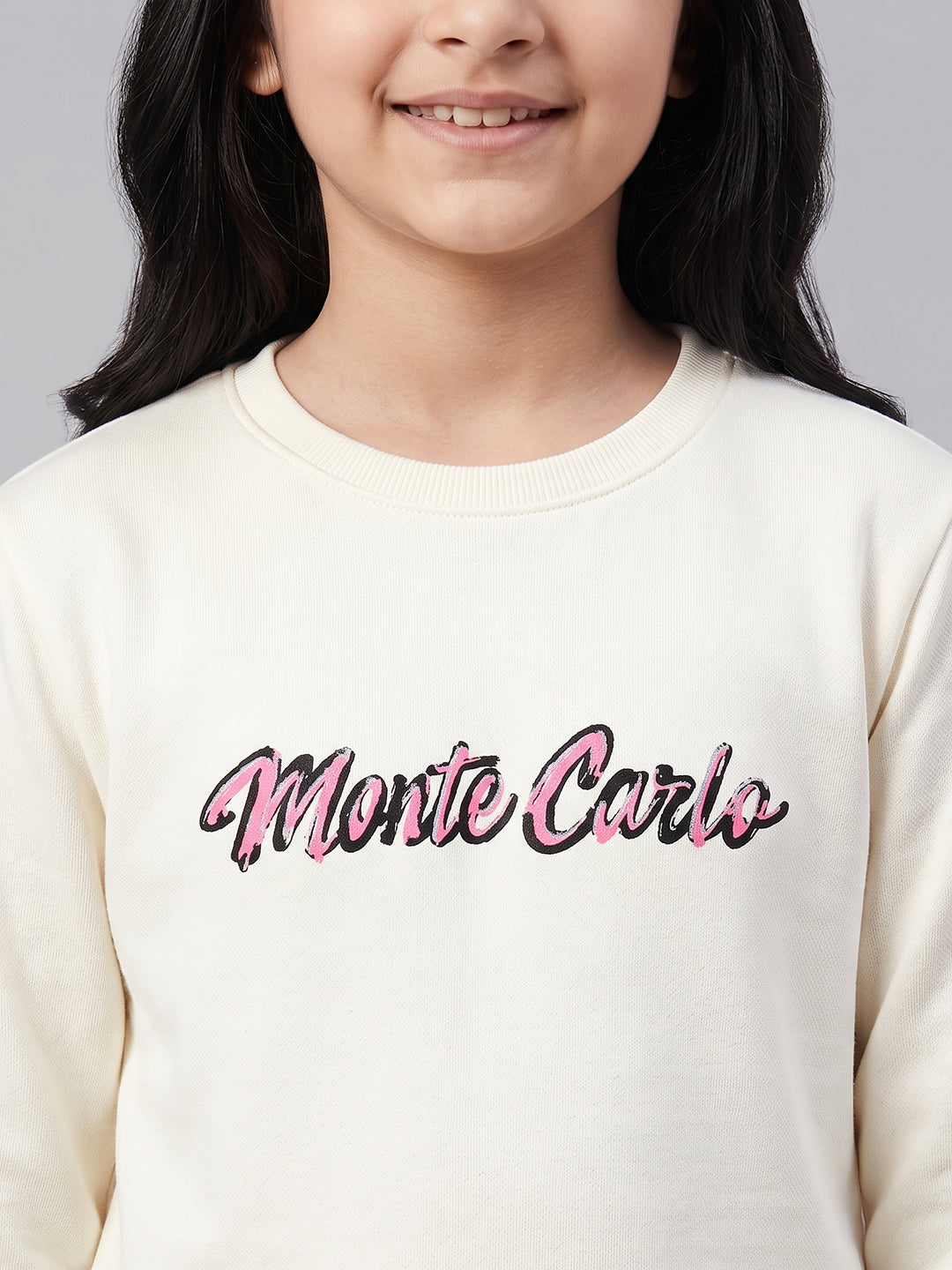Girls Off White Printed Round Neck Full Sleeve Sweatshirt