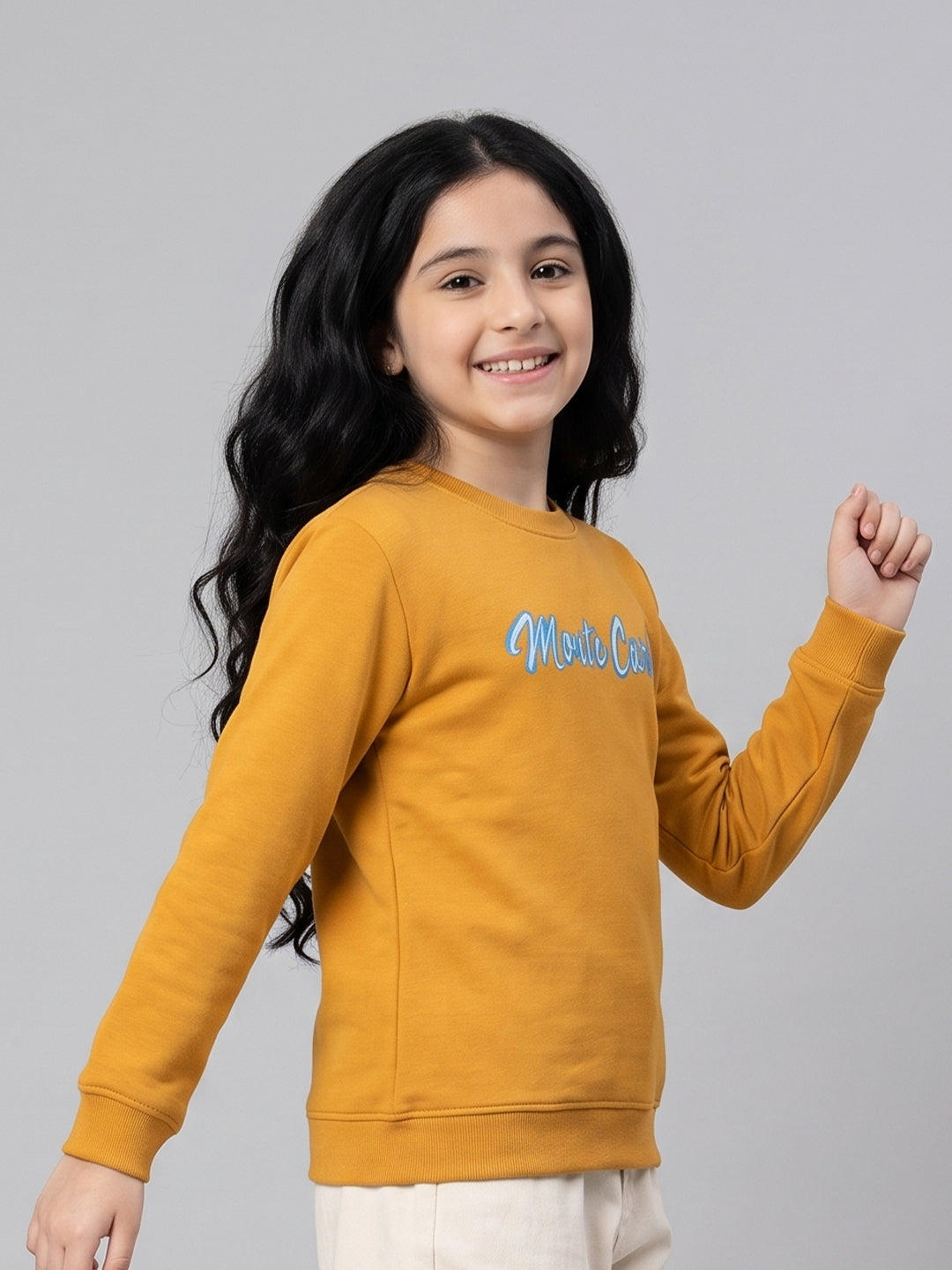 Girls Orange Printed Round Neck Full Sleeve Sweatshirt