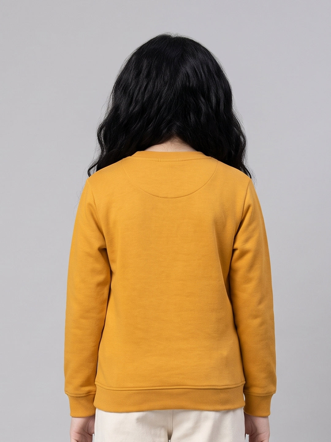 Girls Orange Printed Round Neck Full Sleeve Sweatshirt