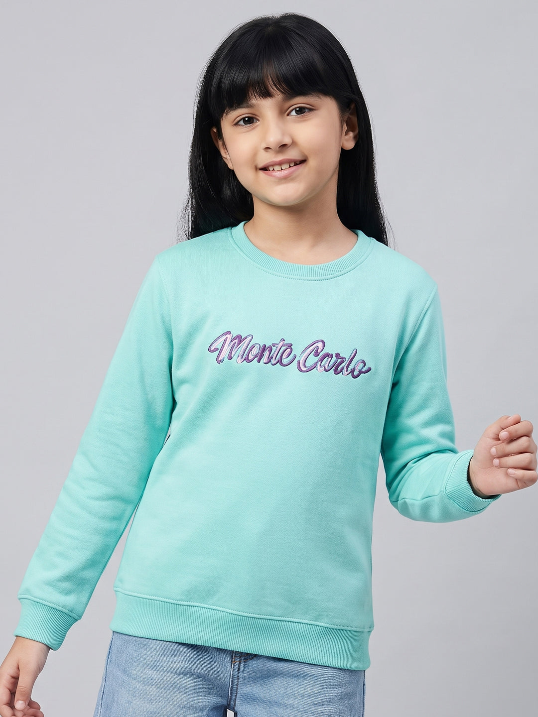 Girls Aqua Blue Printed Round Neck Full Sleeve Sweatshirt