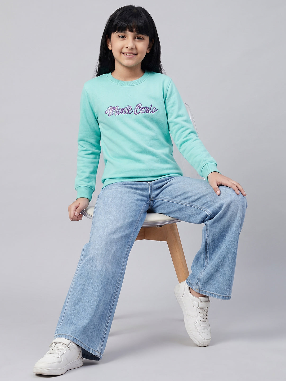Girls Aqua Blue Printed Round Neck Full Sleeve Sweatshirt