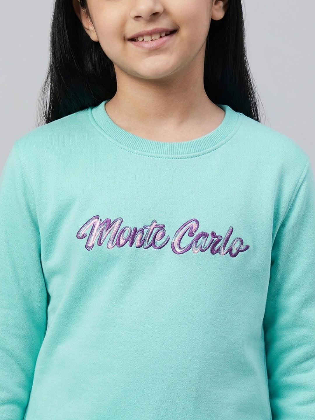 Girls Aqua Blue Printed Round Neck Full Sleeve Sweatshirt