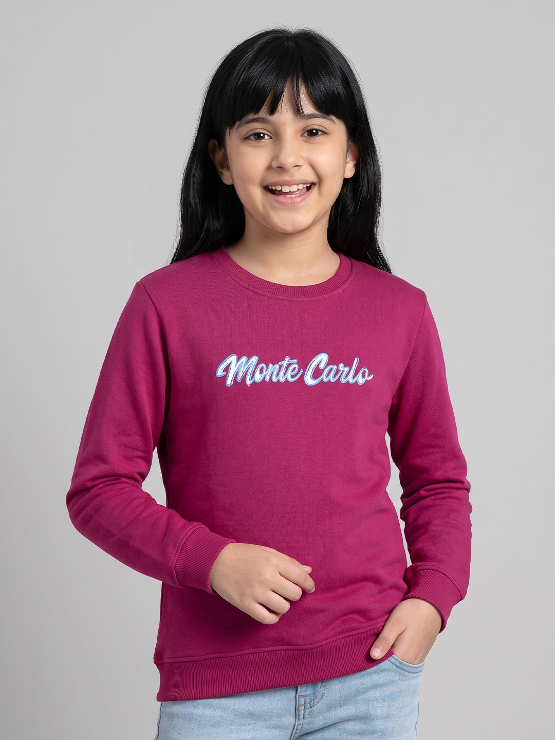 Girls Magenta Printed Round Neck Full Sleeve Sweatshirt