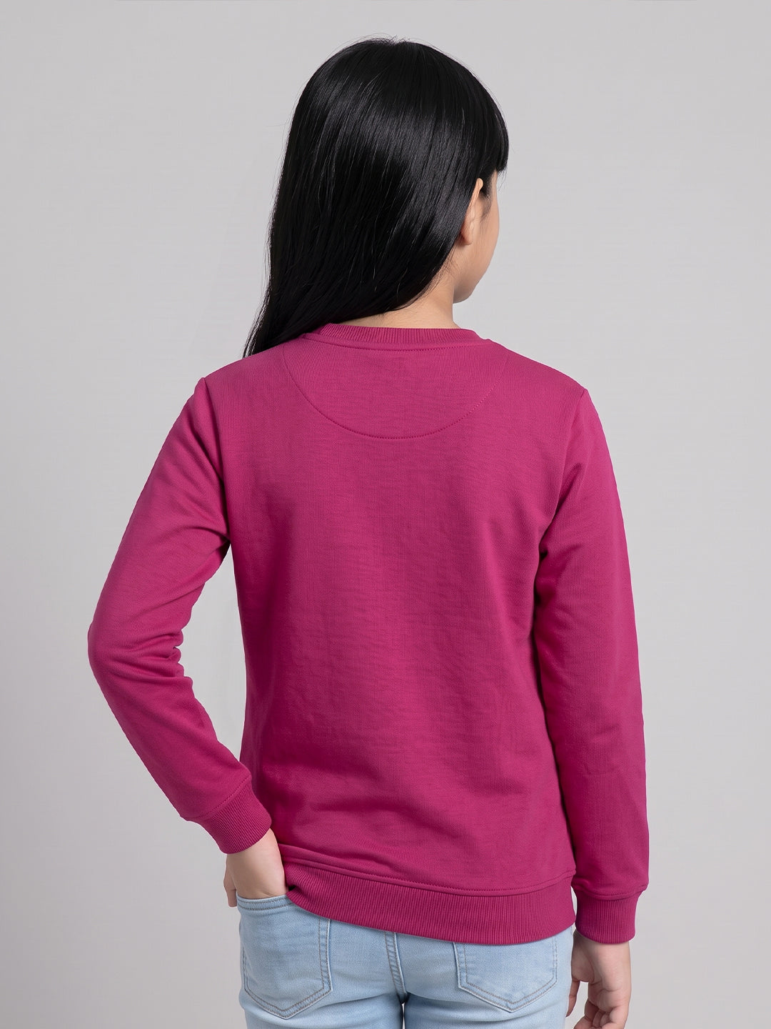 Girls Magenta Printed Round Neck Full Sleeve Sweatshirt
