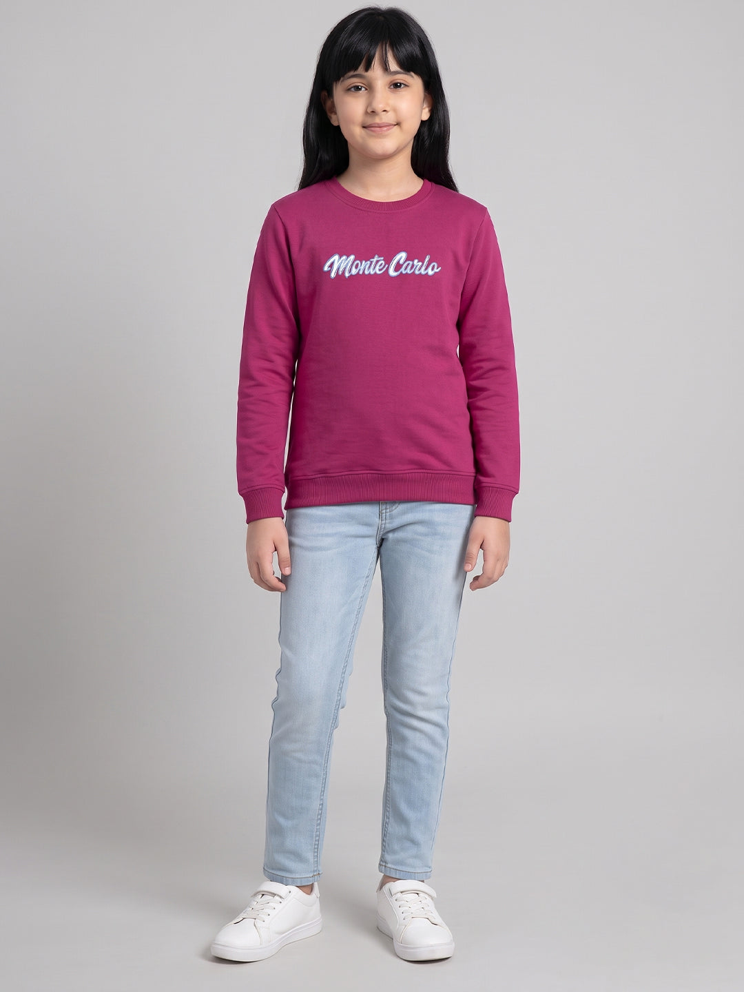 Girls Magenta Printed Round Neck Full Sleeve Sweatshirt