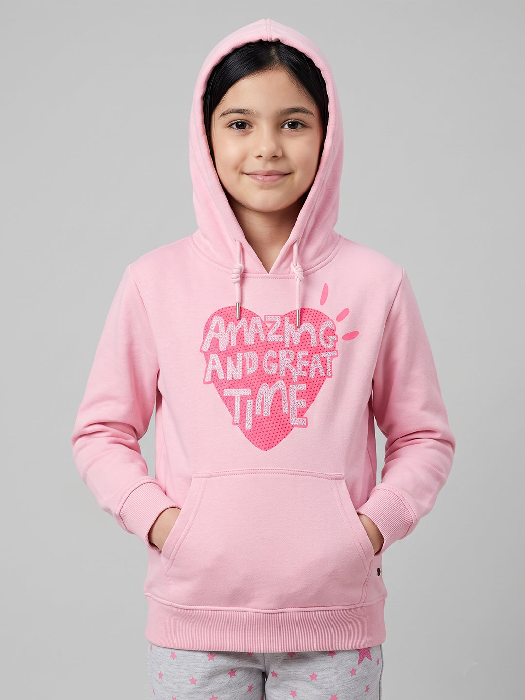 Girls Pink Printed Hooded Full Sleeve Sweatshirt