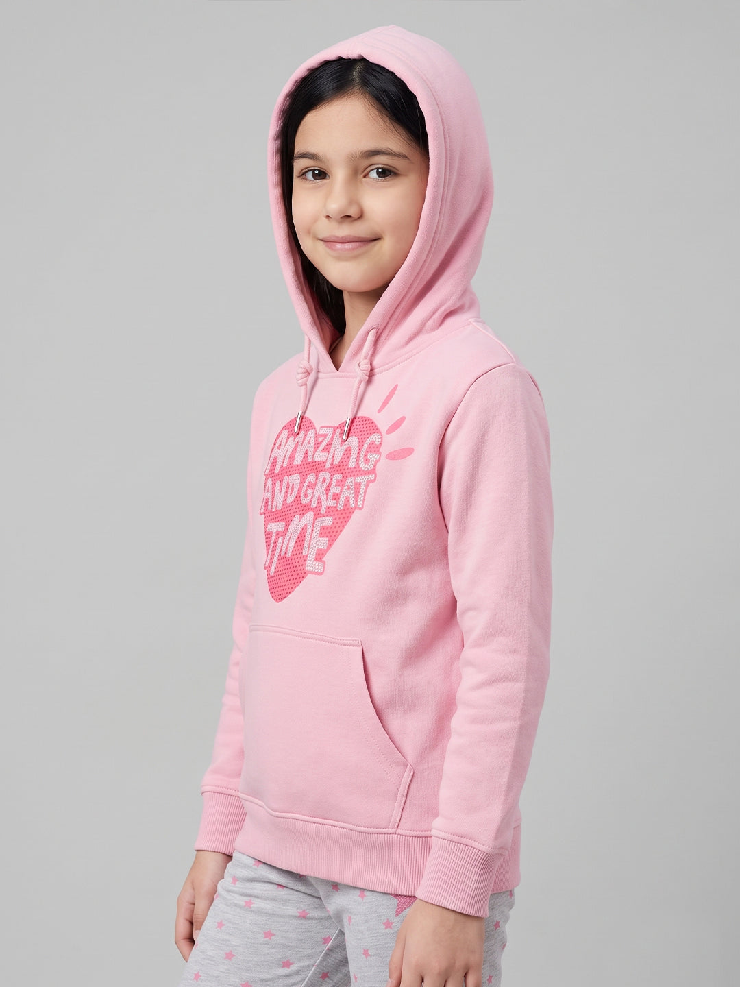 Girls Pink Printed Hooded Full Sleeve Sweatshirt