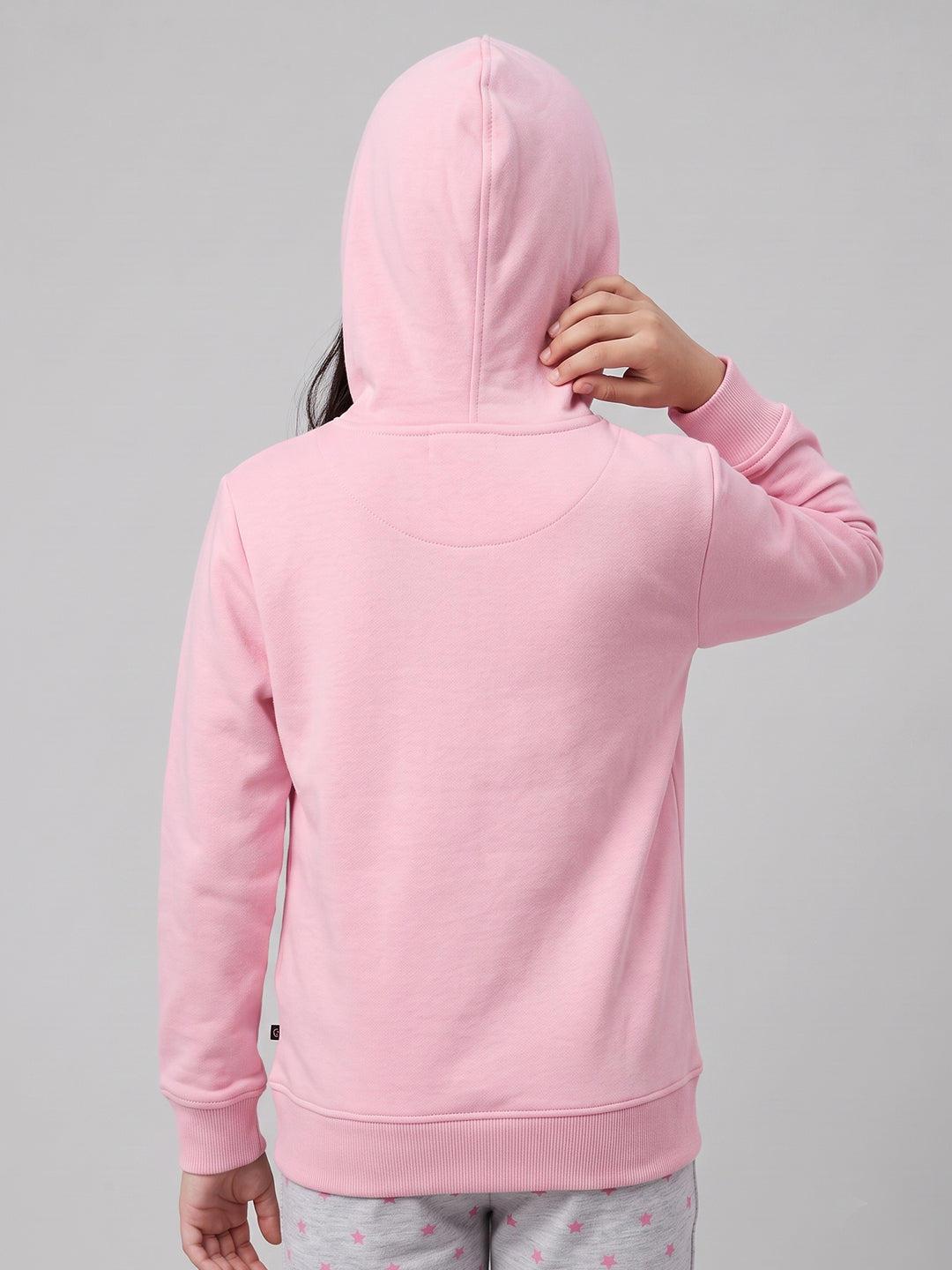 Girls Pink Printed Hooded Full Sleeve Sweatshirt