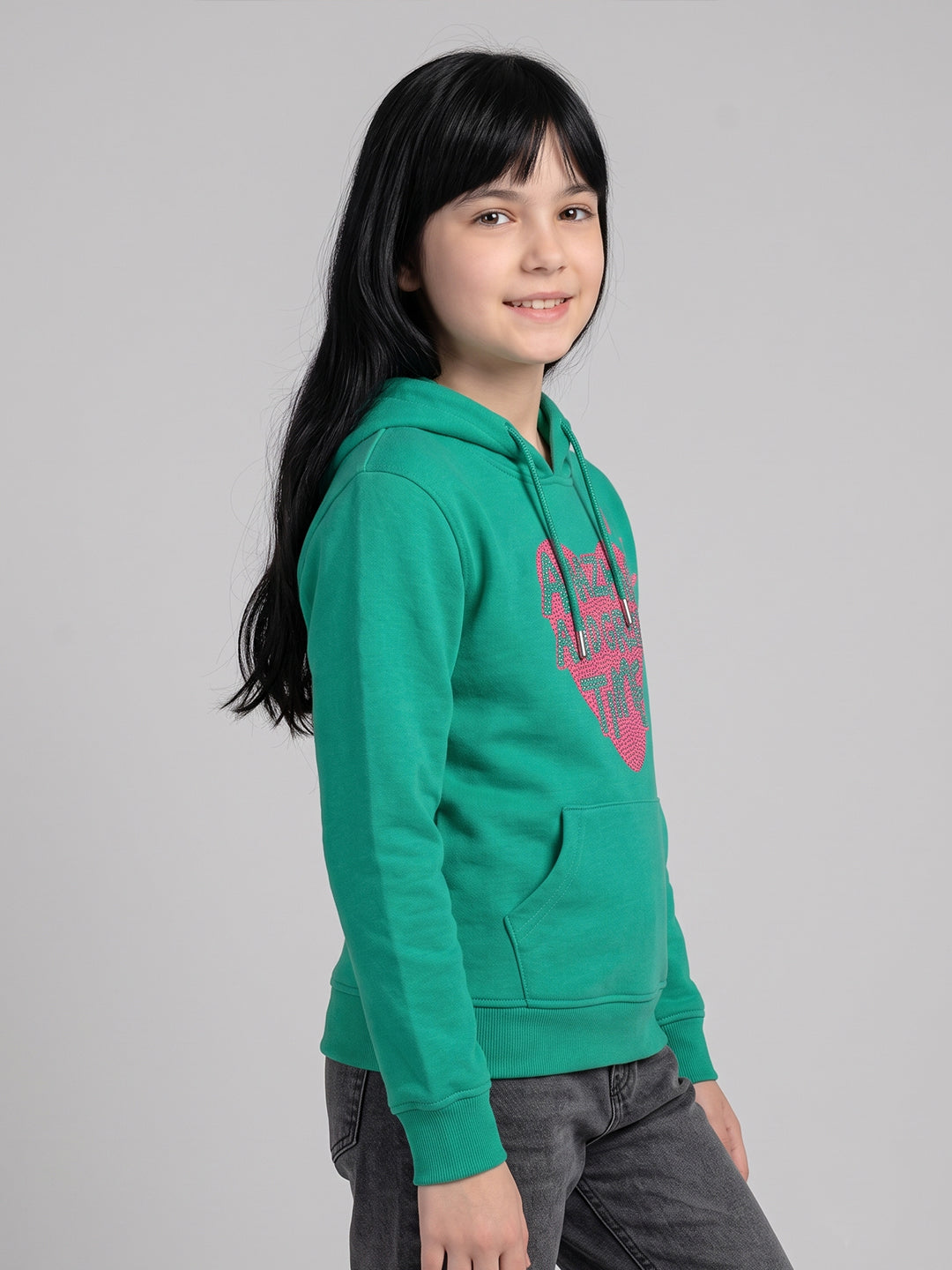 Girls Sea Green Printed Hooded Full Sleeve Sweatshirt