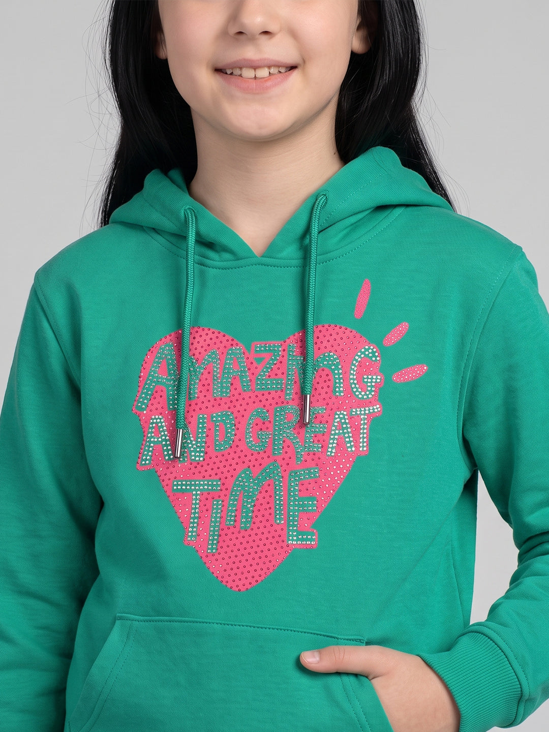 Girls Sea Green Printed Hooded Full Sleeve Sweatshirt