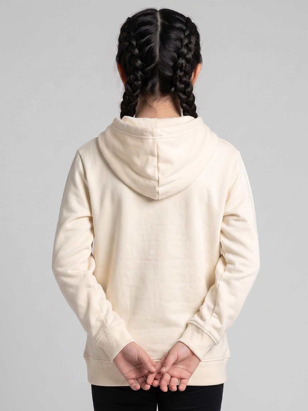 Girls Cream Printed Hooded Full Sleeve Sweatshirt