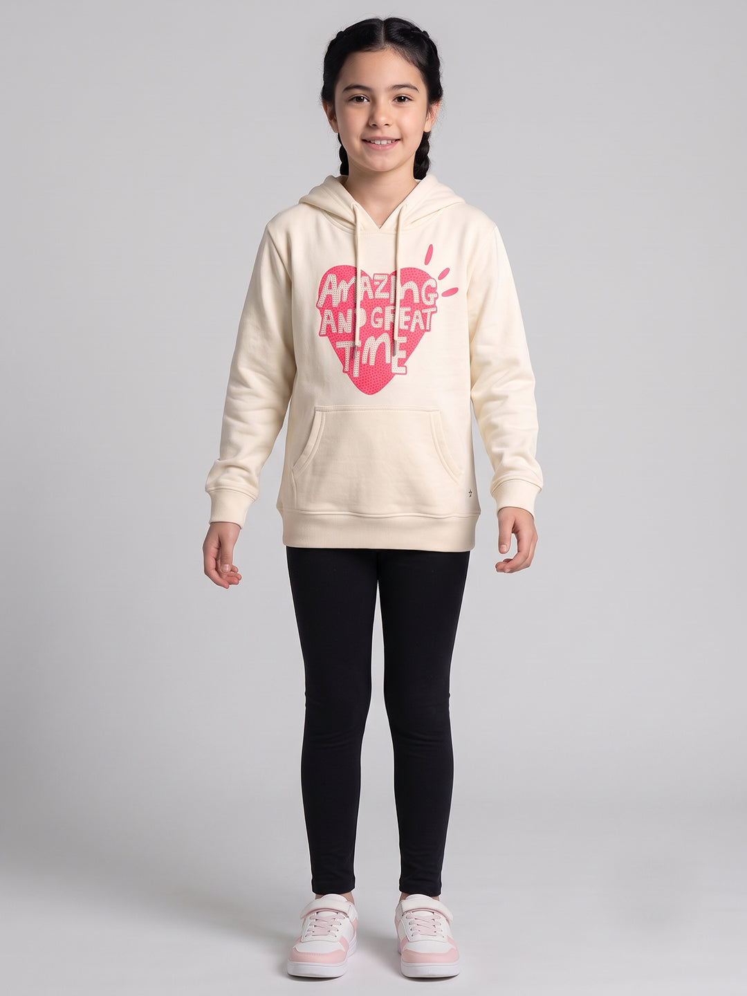 Girls Cream Printed Hooded Full Sleeve Sweatshirt