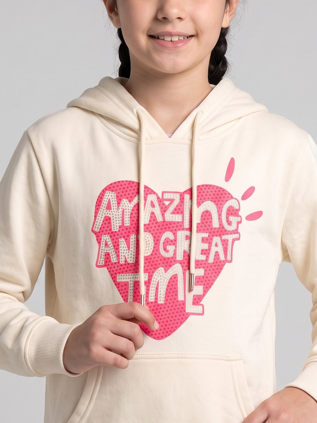 Girls Cream Printed Hooded Full Sleeve Sweatshirt