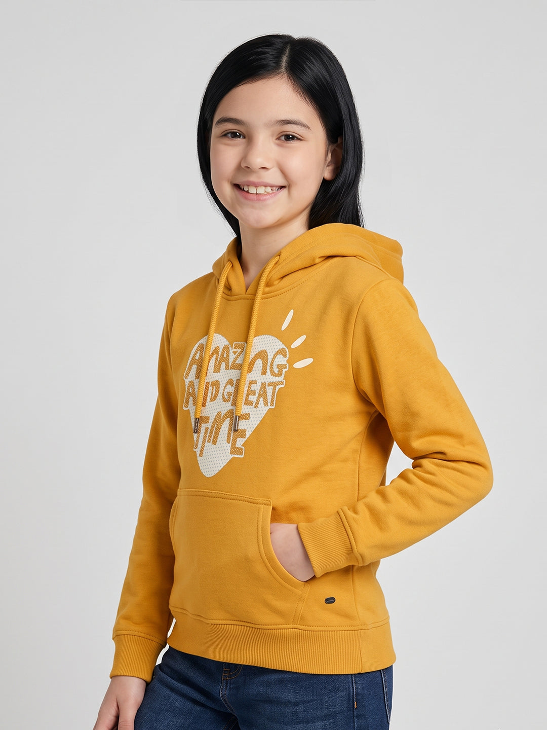 Girls Mustard Printed Hooded Full Sleeve Sweatshirt