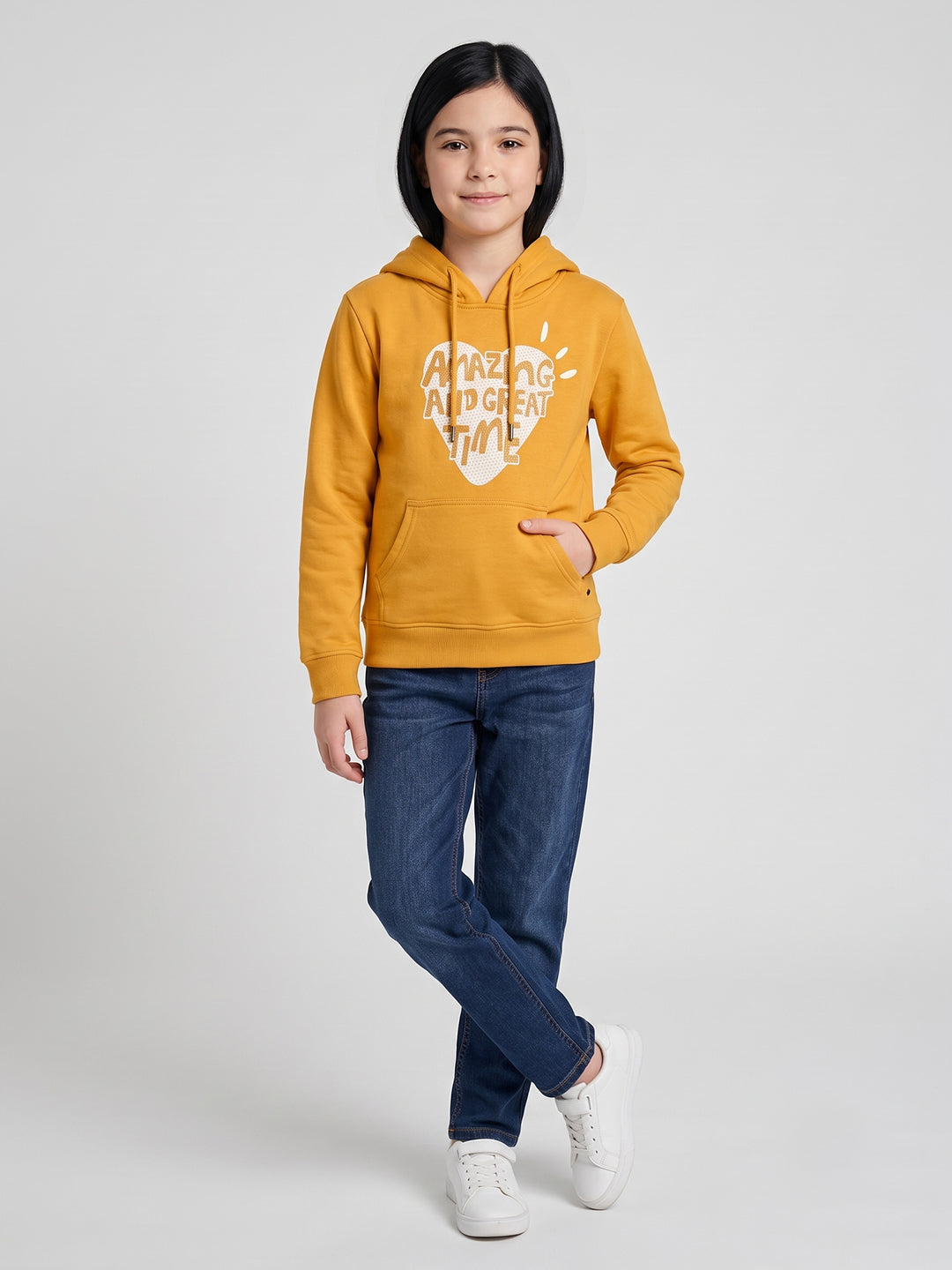 Girls Mustard Printed Hooded Full Sleeve Sweatshirt
