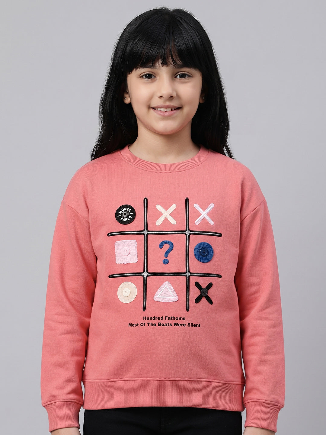Girls Coral Embroidered Round Neck Full Sleeve Sweatshirt