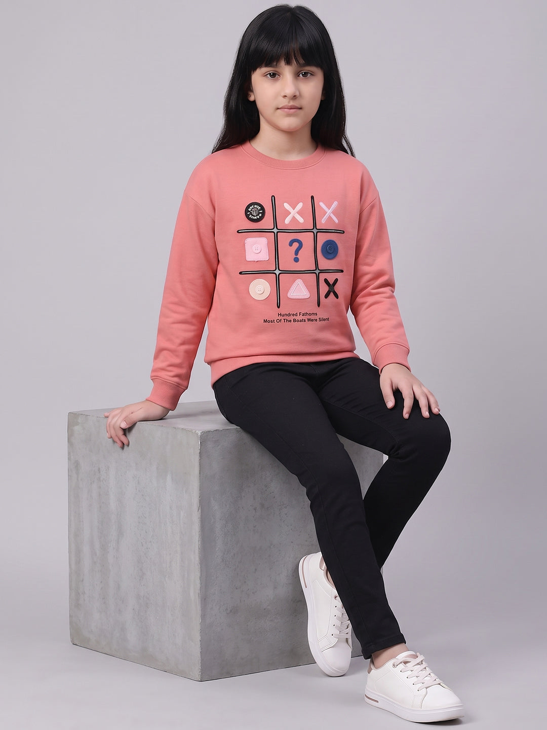 Girls Coral Embroidered Round Neck Full Sleeve Sweatshirt