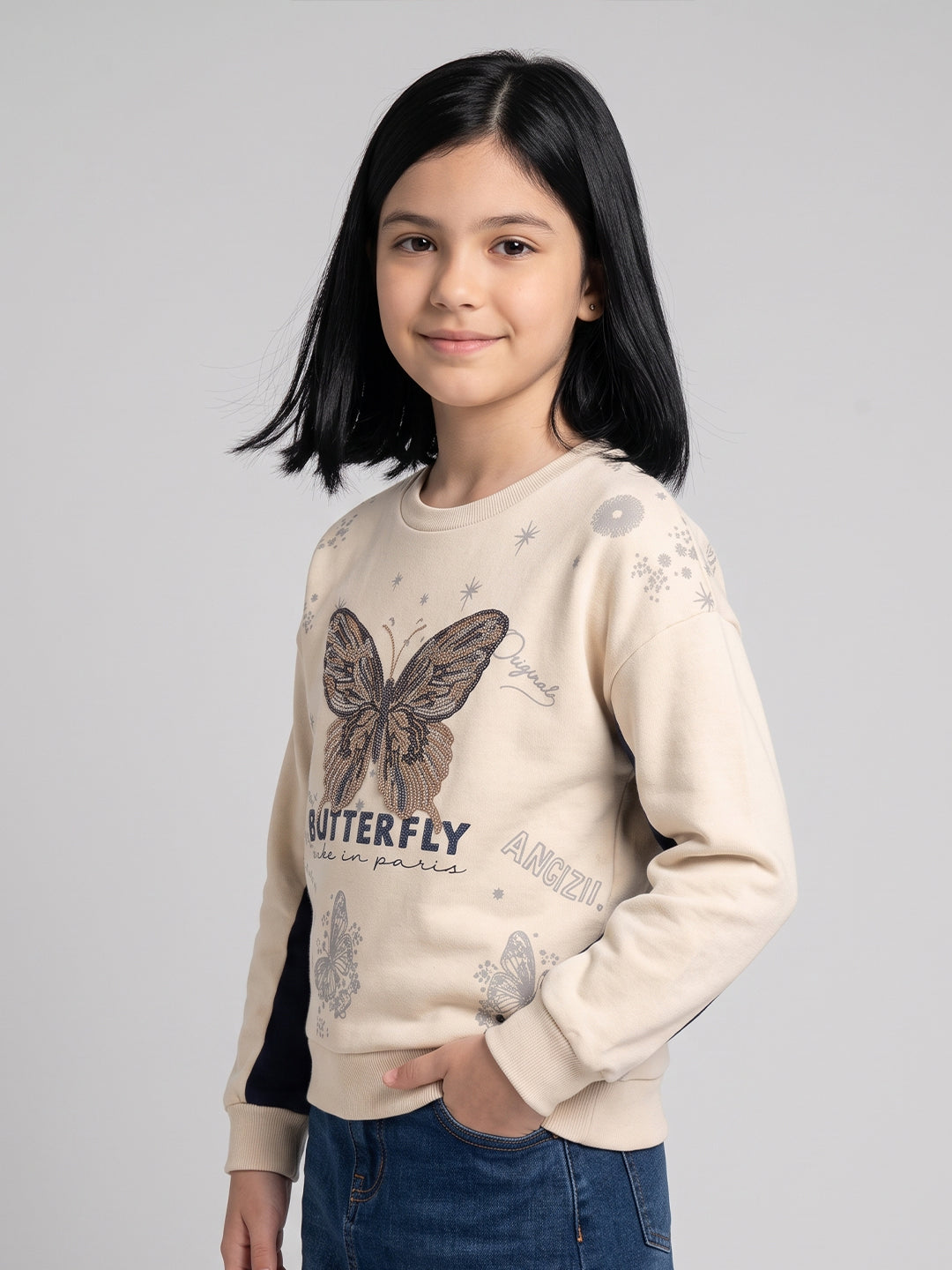 Girls Beige Printed Round Neck Full Sleeve Sweatshirt