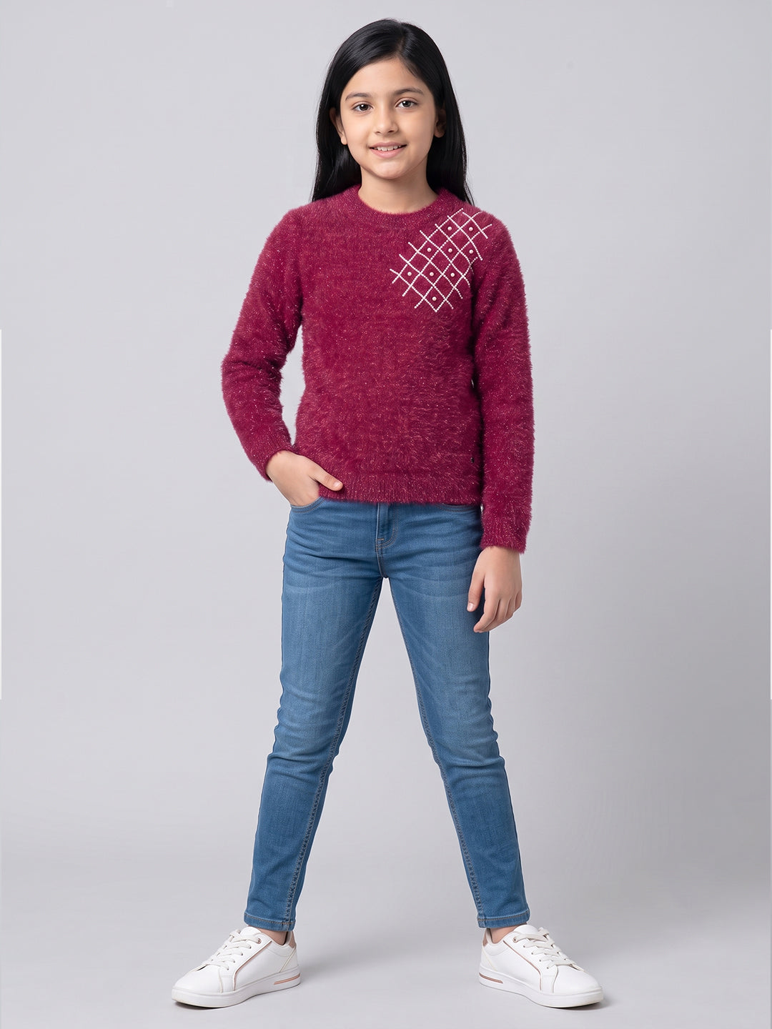 Girls Magenta Embroidered Round Neck Full Sleeve Sweatshirt