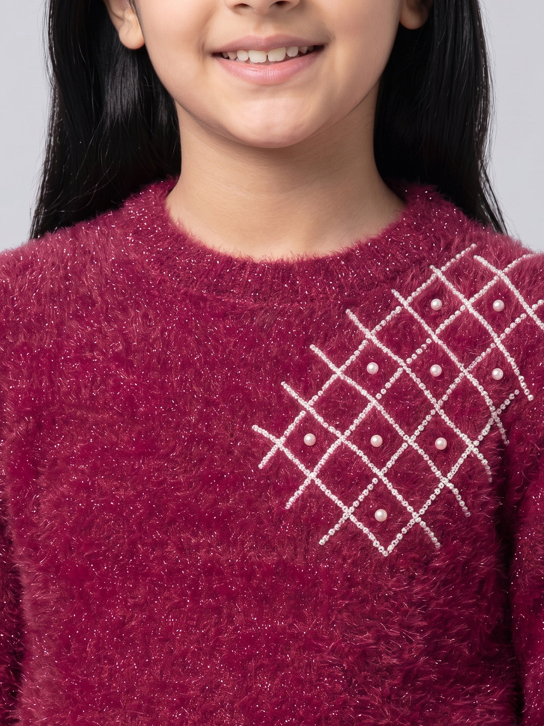 Girls Magenta Embroidered Round Neck Full Sleeve Sweatshirt