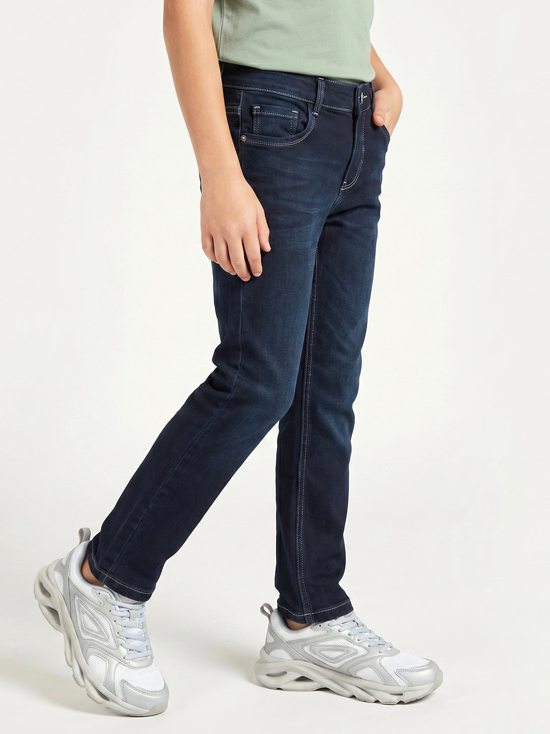Boys Dark Blue Light Wash Straight Fit Denim