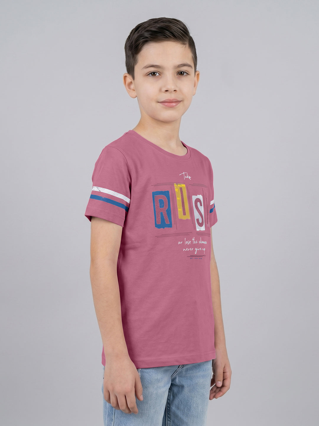 Boys Rose Red Printed Round Neck Half Sleeve T-Shirt