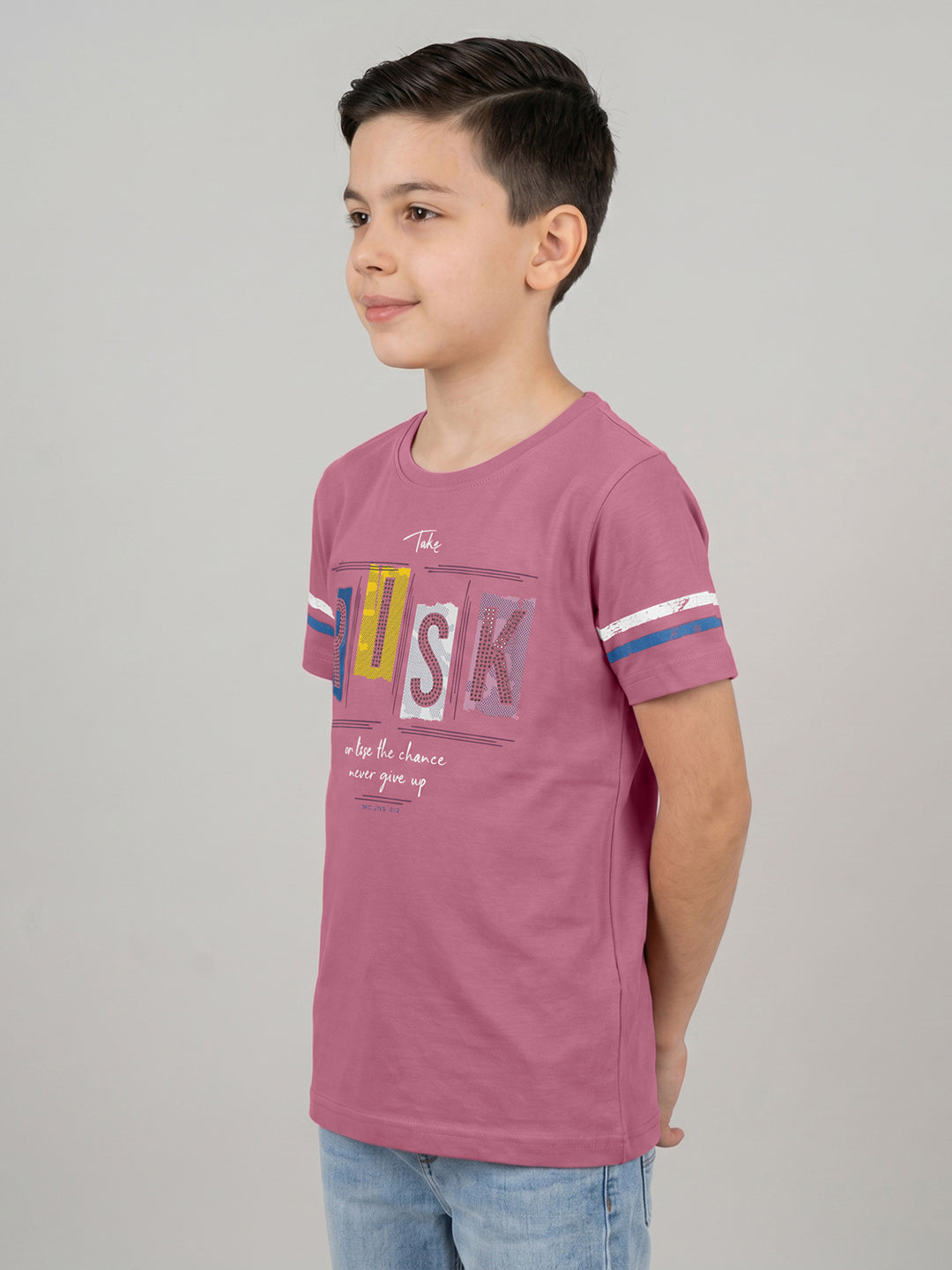 Boys Rose Red Printed Round Neck Half Sleeve T-Shirt