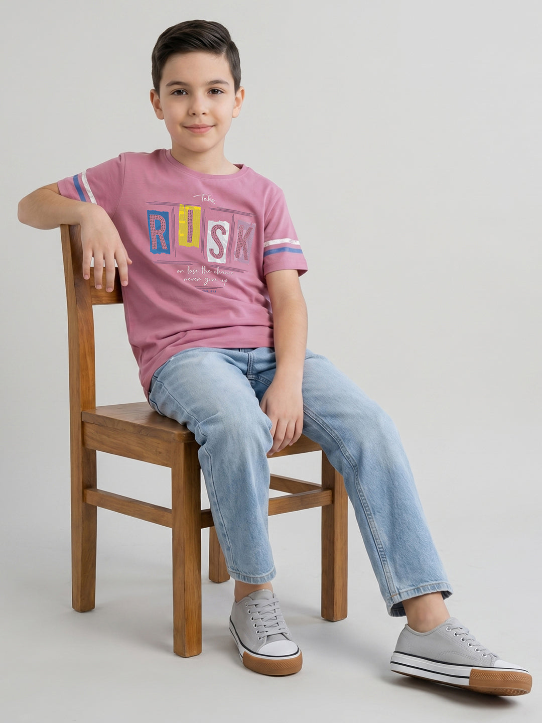 Boys Rose Red Printed Round Neck Half Sleeve T-Shirt